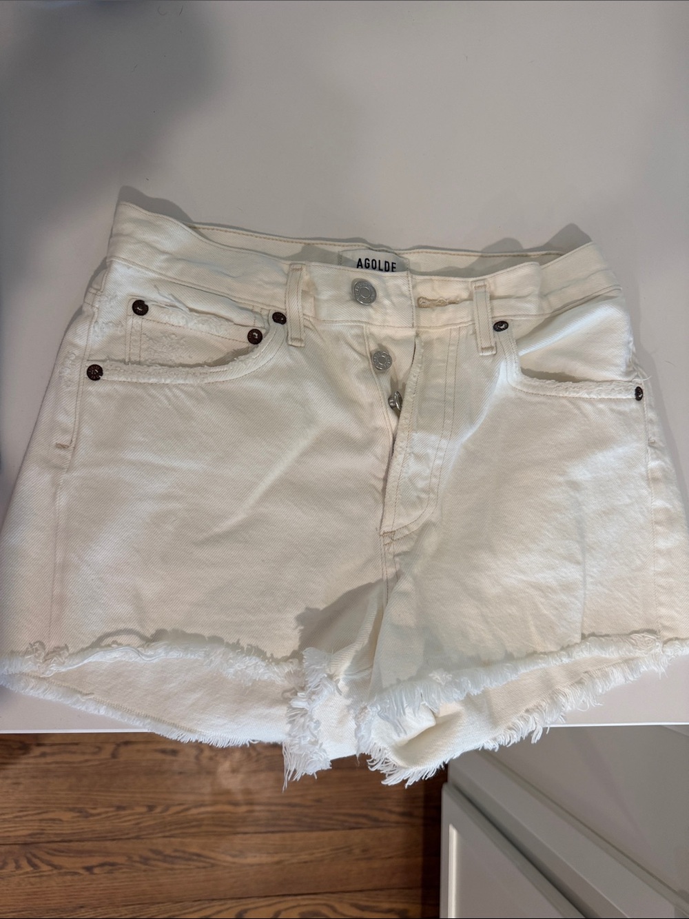 Agolde White Frayed-Hem High-Rise Denim Shorts